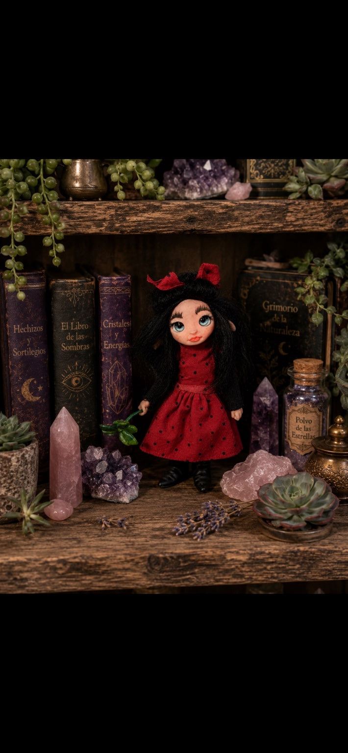 Elyra Pixie artesanal sosteniendo una hoja verde en forma de corazón entre cristales y libros de magia