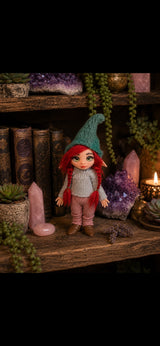 Soriel Pixie artesanal con trenzas rojas entre cristales y libros del bosque