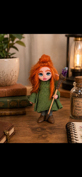 Sylwen Pixie artesanal con báculo de amatista natural sobre un escritorio con elementos botánicos
